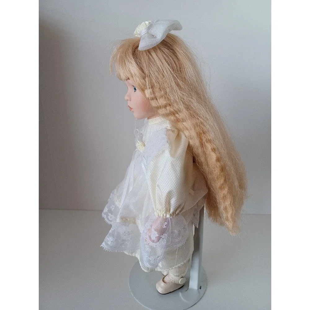 Vintage Porcelain Doll In White Dress 12